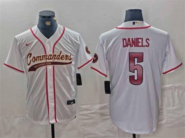 Mens Washington Commanders #5 Jayden Daniels White With Patch Cool Base Stitched Baseball Jersey